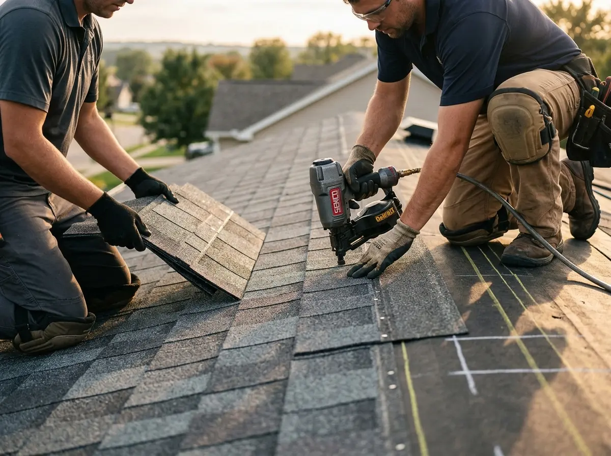 Professional roofer working on a residential roof in Kenai